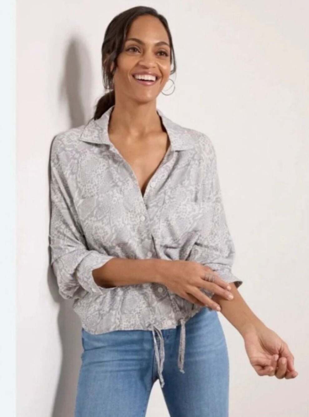 LNA Alpine Button Up Shirt Grey Snakeskin Print Medium